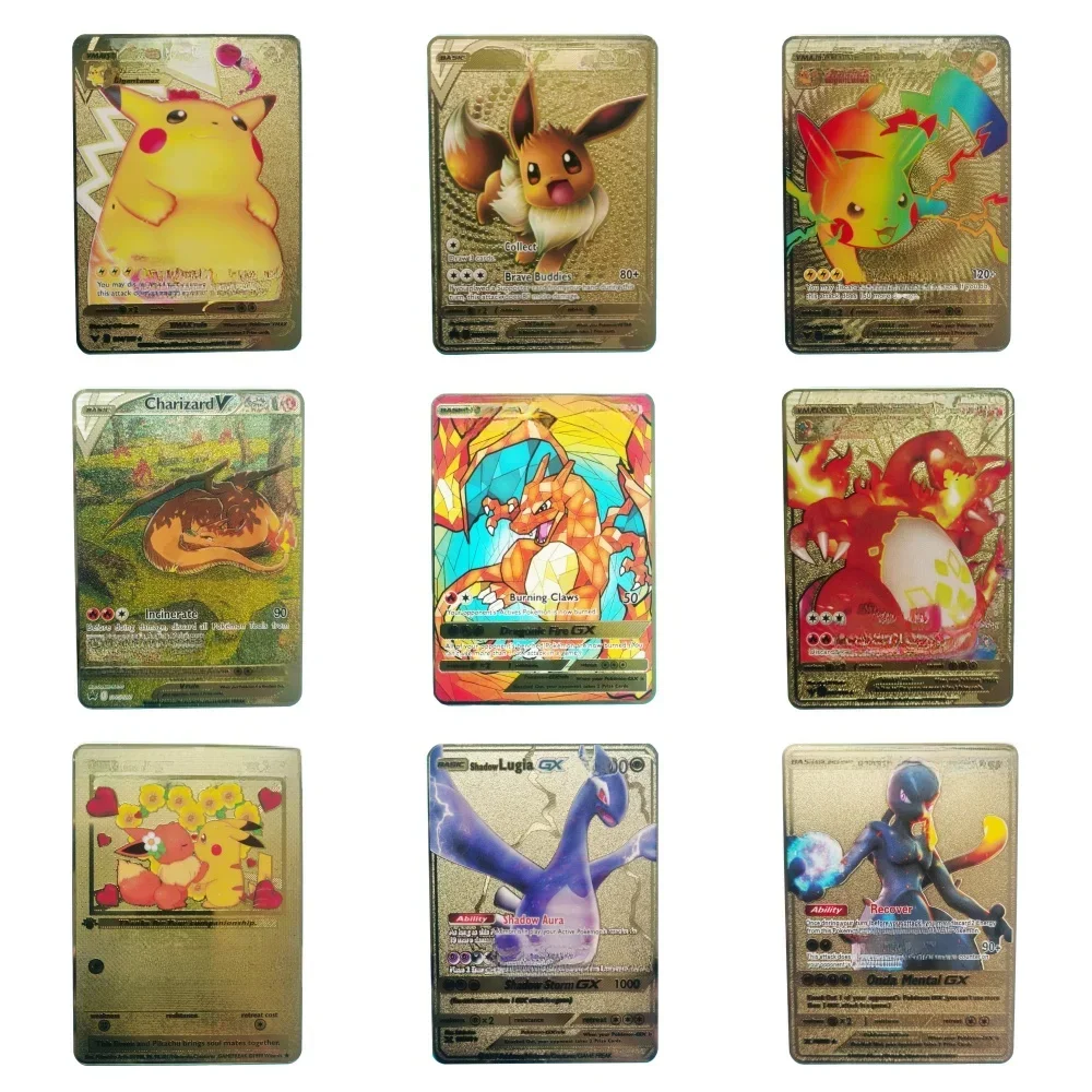 Carte Pokemon en métal anglais, dessin animé Pikachu Charizard Mewtwo Blastoise Vmax, lettres brillantes, carte de Collection, jouet pour enfants, cadeaux, nouvelle collection