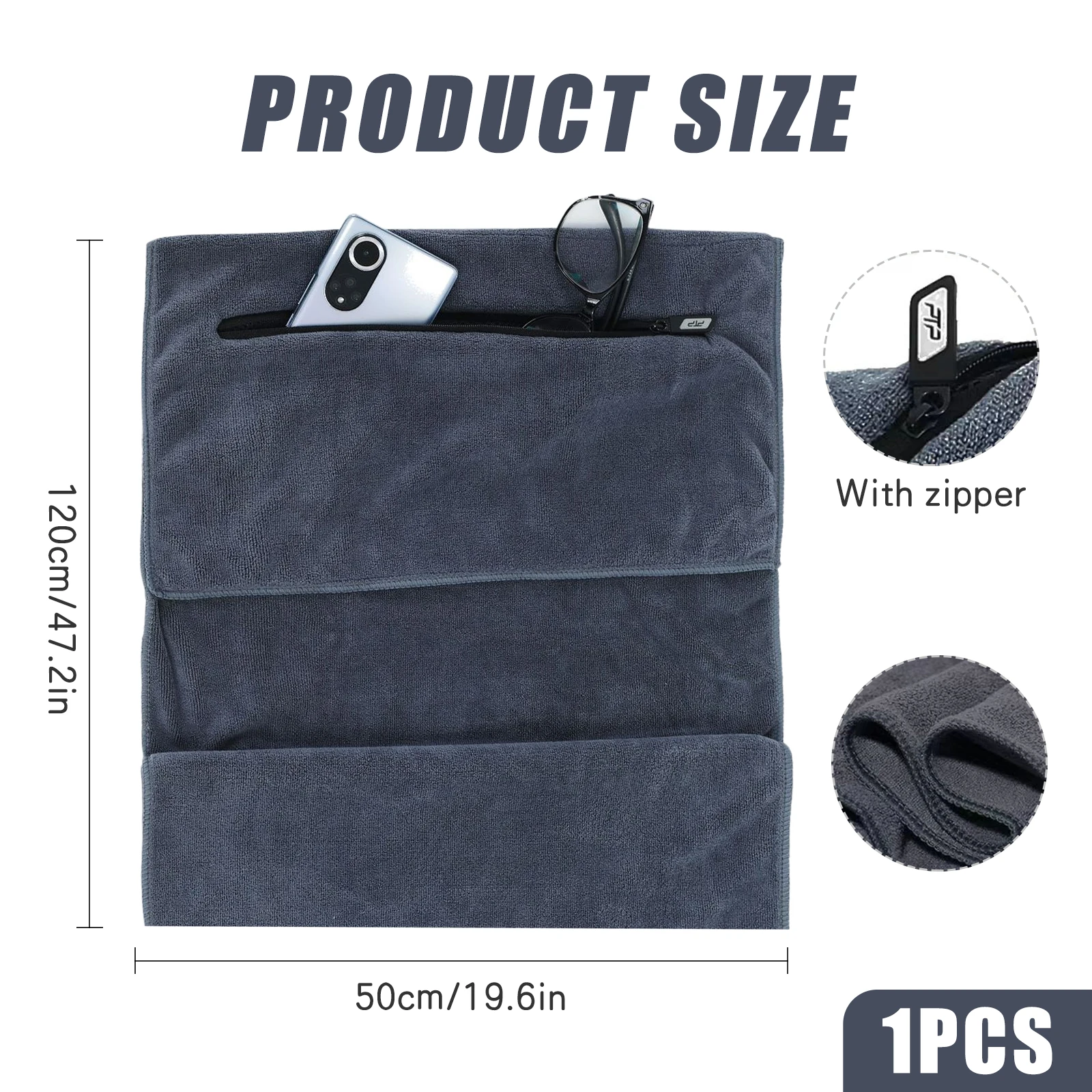 Microfiber sports towel with zipper 50*120cm grey sports towel, absorbent and soft fitness towel with zipper pocket for training