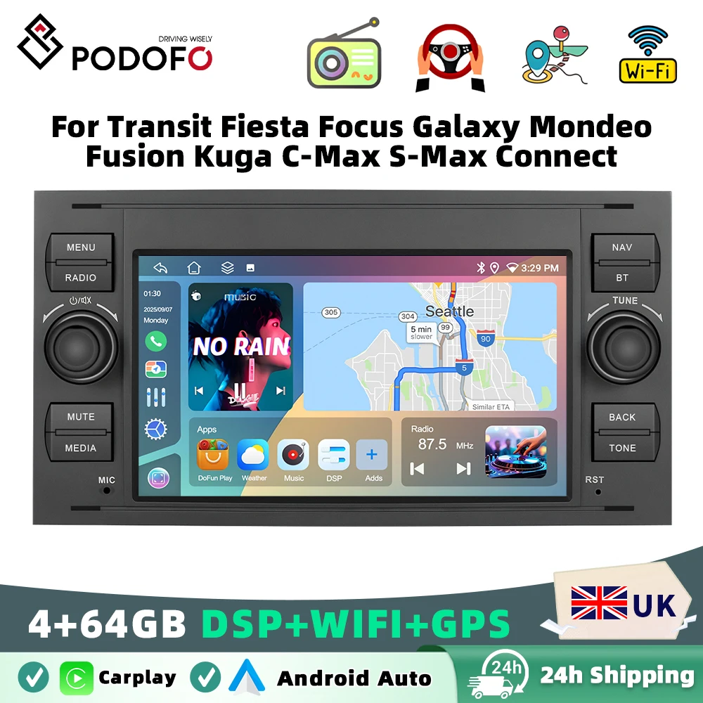 Podofo Car Radio Wireless Carplay Android Auto 4GB+64GB 7"Multimedia Video Player DSP GPS For Transit Fiesta Focus Galaxy Mondeo