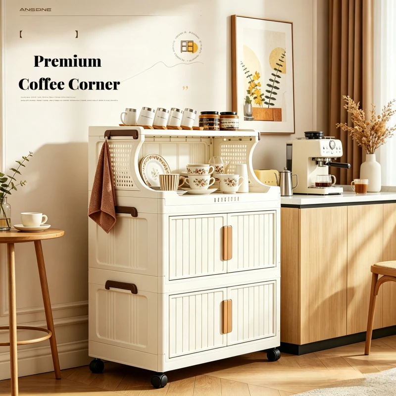 Foldable wheeled coffee corner storage cabinet, white plastic stackable storage cabinet, with magnetic door, multi-layer rolling storage cart, suitable for storage room, bedroom, living room, bathroom view 3
