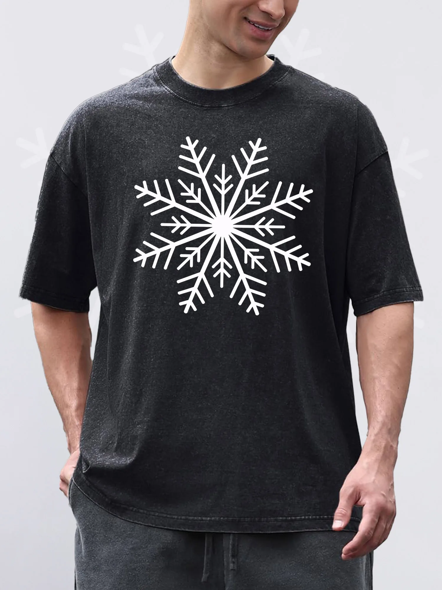 

Men's T-Shirts Christmas Snowflakes Printed Black Short-Sleeved Round Neck 100% Pure Cotton Acid Wash Suitable For Christmas