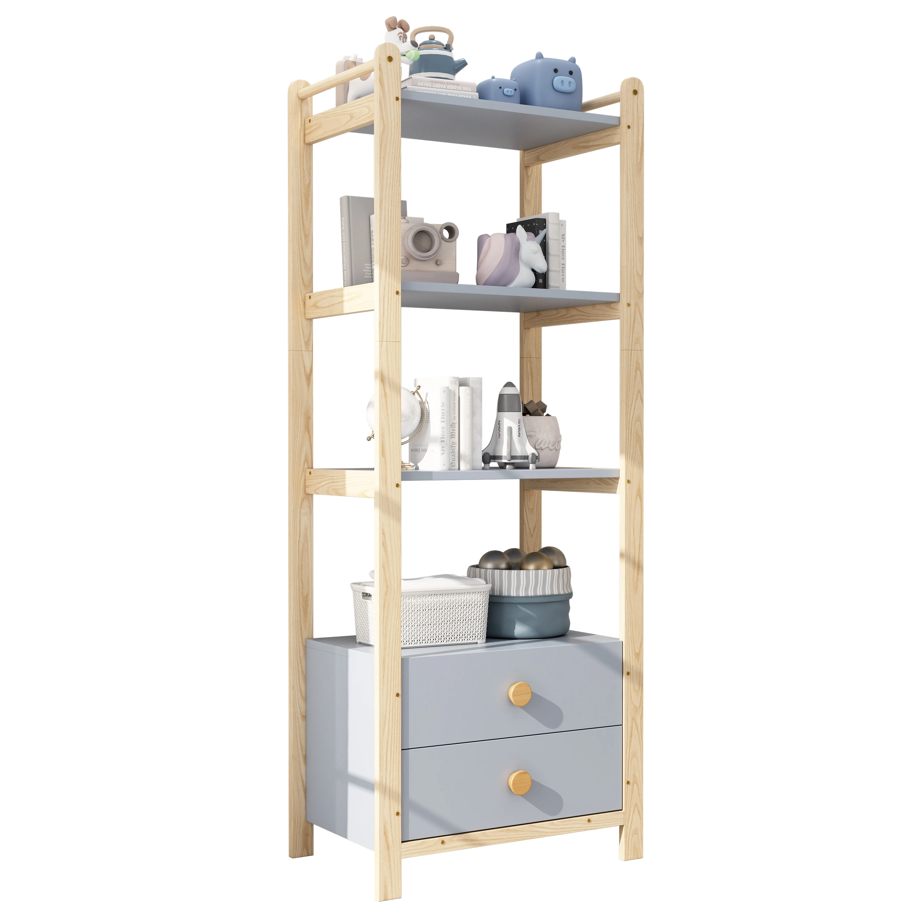 Bücherregal, freistehendes Aufbewahrungsregal, 4-stufiges Bücherregal mit 2 Schubladen, 70×44×180 cm Rahmenregal, blaues Naturholzgriff-Design für Wohnzimmer, Schlafzimmer, Arbeitszimmer, Wohnung