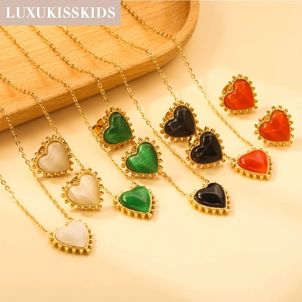 Luxukis skids elegante Vintage Herzform Katzenauge Stein Anhänger Halskette Ohrringe Sets Edelstahl vergoldet Choker Schmuck