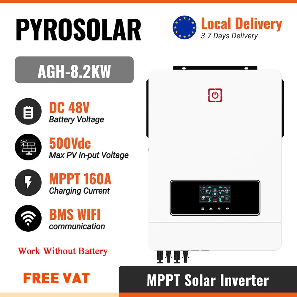 PYROSOLAR 8.2KW Hybride Solar Inverter On/Off Grid 48V 220V 500VDC Ingebouwde Dubbele 160A MPPT met BMS Zuivere Sinusgolf Zonnelader