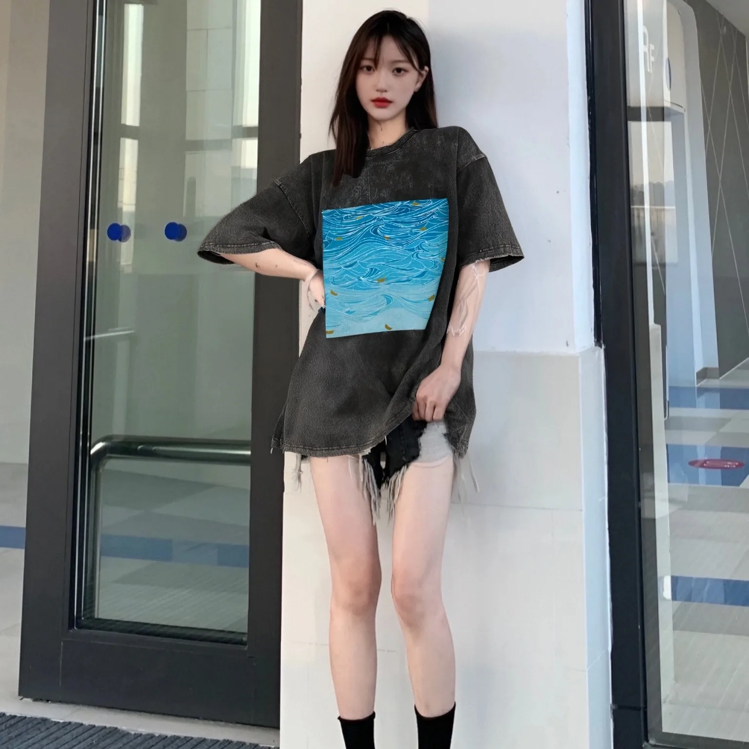 

Повседневная свободная футболка с узором «Океанская волна» и синей волной, винтажный крутой мирный уникальный художественный удобный топ с короткими рукавами