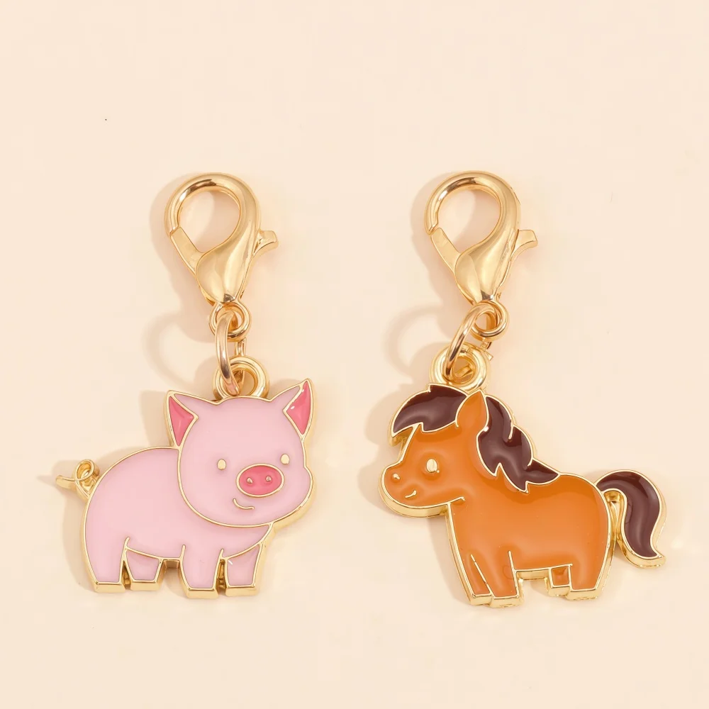 10Pcs Cute Enamel Horse Pig Animal Charms with Lobster Clasps Pendants for Jewelry Making Knitting Stitch Markers Sewing Tools