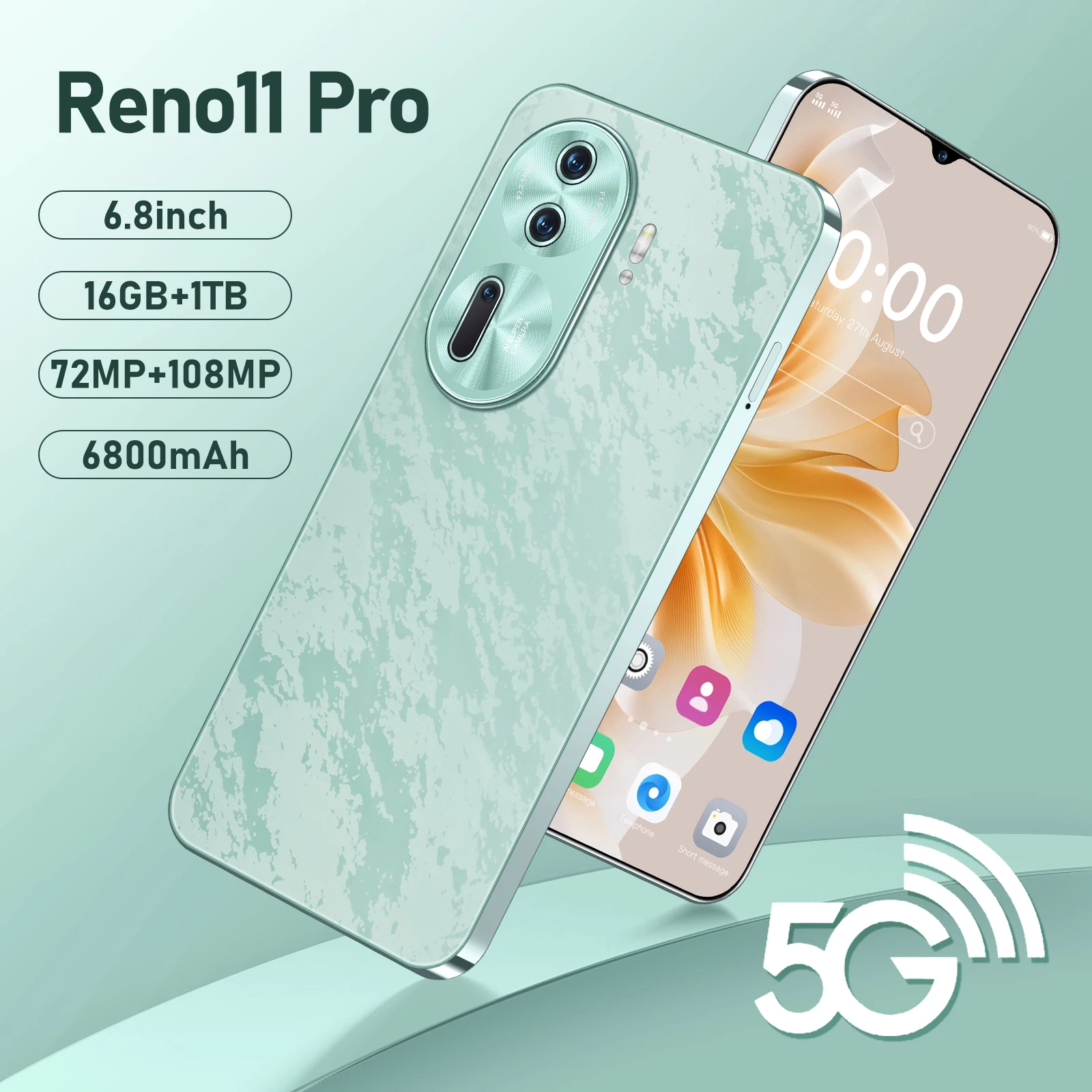 New Reno11 Pro Global Version Smartphone 6.8inch Full Screen 4G/5G Cell Phone 16TB+1TB 6800mAh Mobile Phones 108MP Celulares