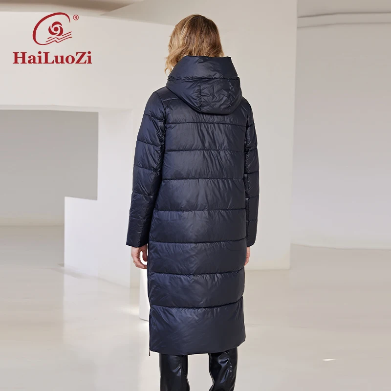 HaiLuoZi 2022 New Women\'s Winter Jacket Slanted placket Lengthen Warm Windproof Hooded Casual Bio-Cotton Parka Women Coat 6032