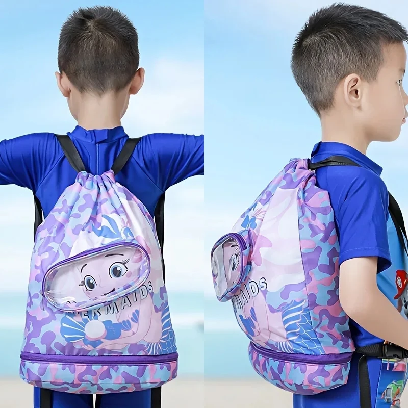 Children\'s Cartoon Swim Bag Waterproof Storage Bag Beach Bag Drawstring Beam Mouth Backpack Dry and Wet Separation Washing Bag