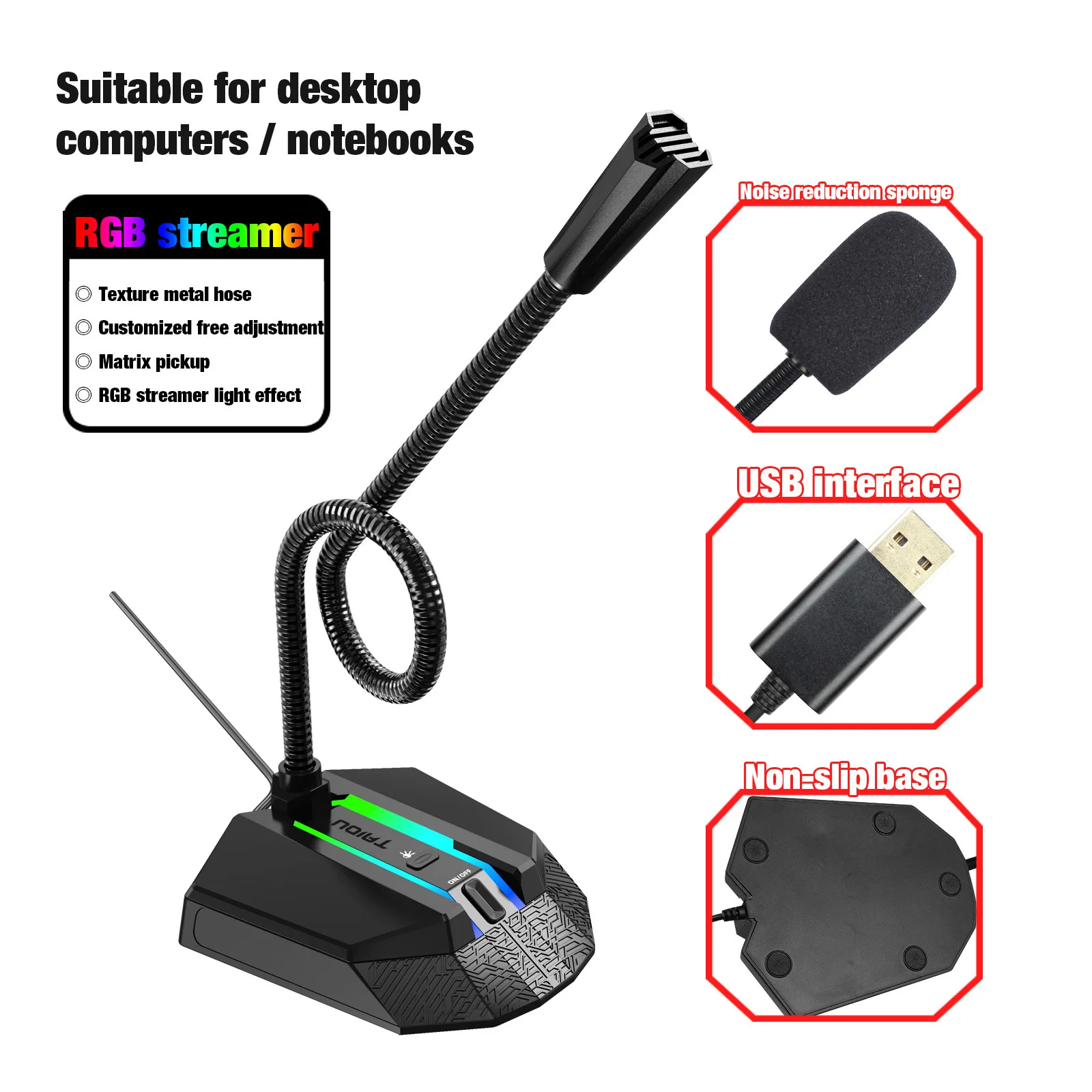 New Computer Microphone RGB Illuminated Bendable USB MIC Driverless Voice Chat Video Screen Conference Gaming Microphone