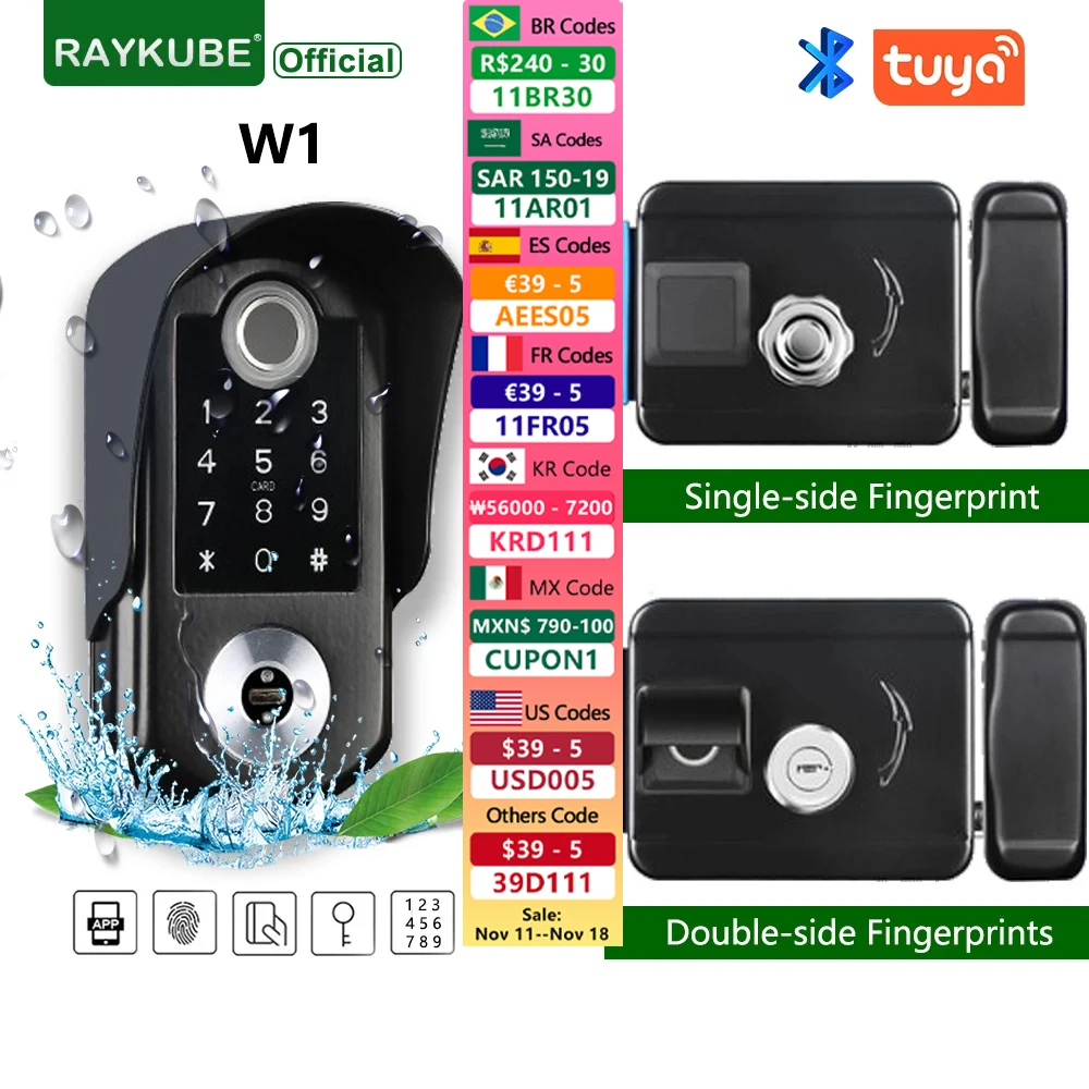 Raykube w1 tuya fechadura inteligente de impressão digital de lado único/duplo lado ipx6 à prova d\'água fechadura eletrônica digital para portão