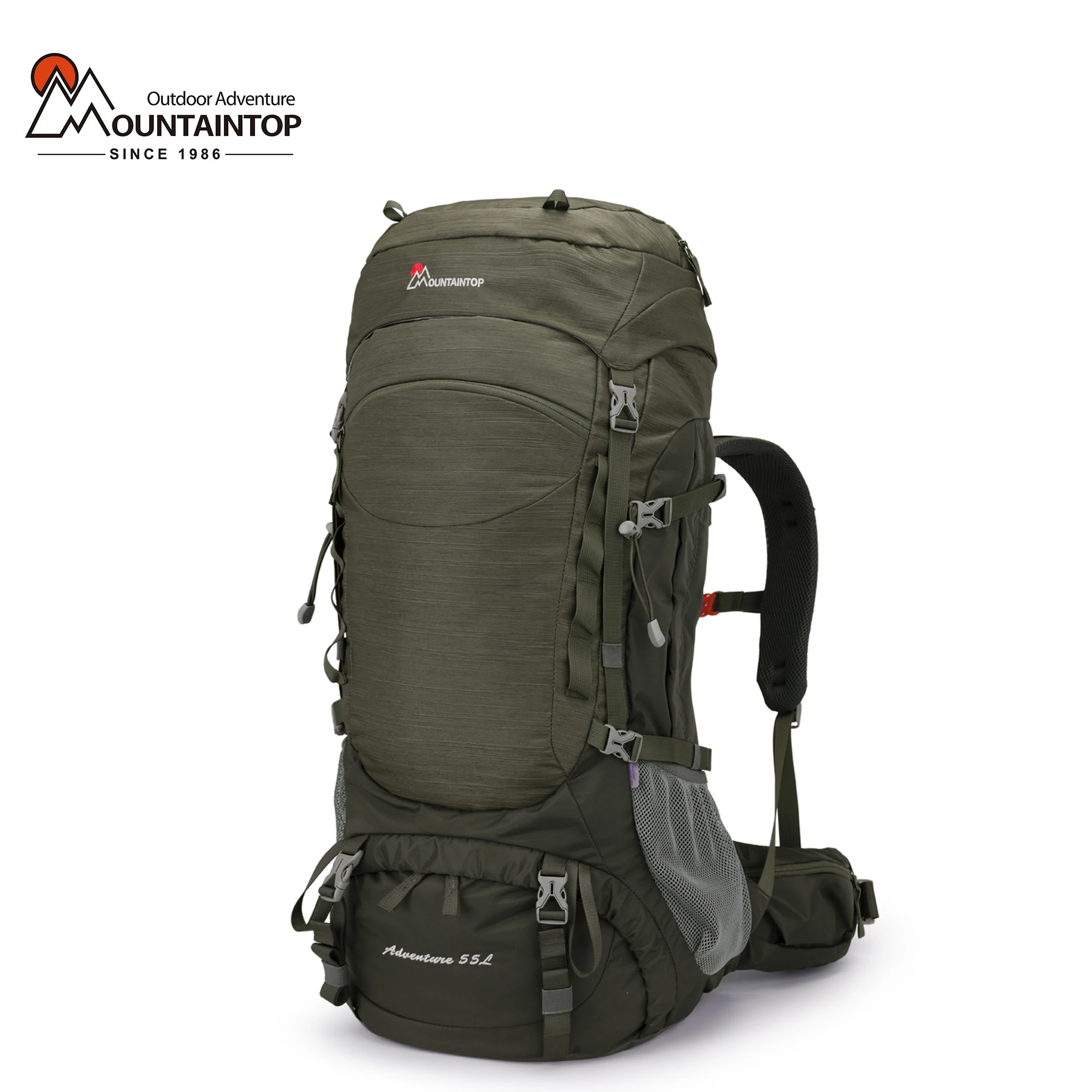 MOUNTAINTOP Ransel 55L dengan Resleting YKK dan Penutup Hujan untuk Mendaki Gunung, Berkemah, Bersepeda, dan Berpergian