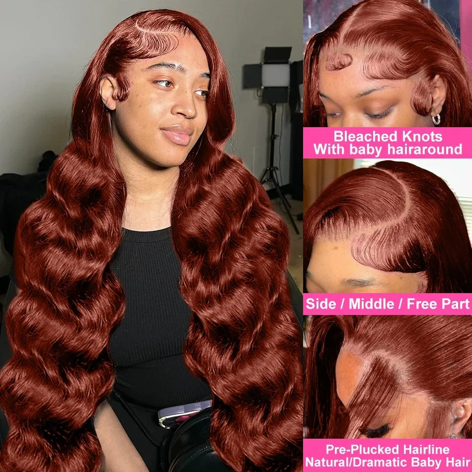 Reddish Brown Body Wave13x6 HD Lace Front Human Hair Wigs 30 Inch Brazilian 200% Water Wave13x4 Lace Frontal Red Colored Wig