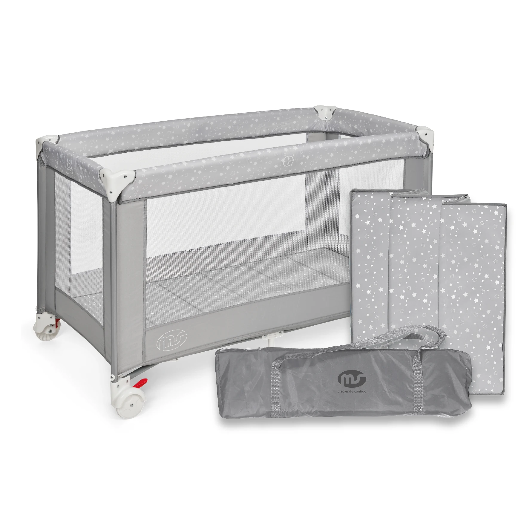 MS travel cot, with wheels, comfortable, light, stable, easy to fold and with laminated mattress, valid up to 15kg( 6-36 months)