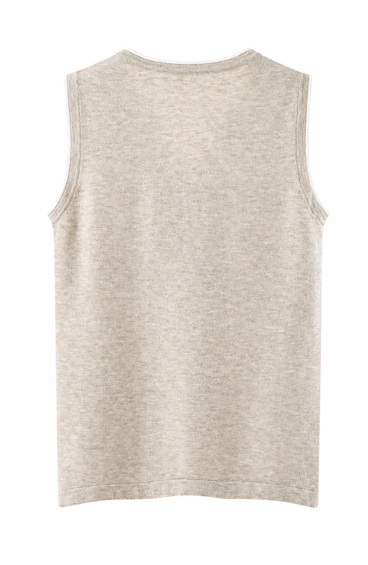 ML62129 Damen Vintage V-Ausschnitt Ärmellose Strickweste mit Kontrastbesatz und Knopfleiste aus Modal-Mischgewebe, Sommerliches Casual-Oberteil – Detail 11