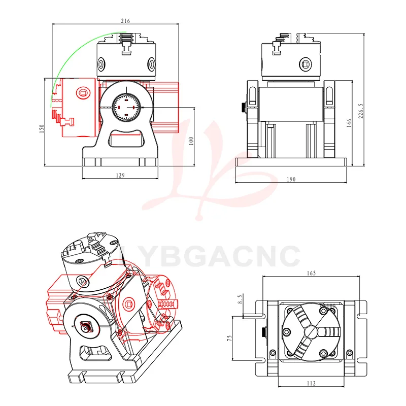 Adjustable Angle HT90-10-100A CNC Rotary A-axis Indexing Head with 100mm Chuck and 3 Jaws for Laser Marking CNC Milling Machine