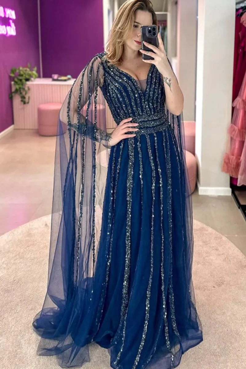 Annie Navy Prom Dresses Glitter Sequins Luxury Evening Dresses A-line Tulle Cape Elegant Lady Wedding Party Dresses