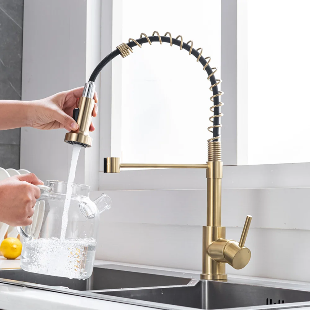 

SUOYING kitchen faucet hot and cold water sink faucet spring pull-out single faucet 360 degree rotating kitchen faucet gold/blac