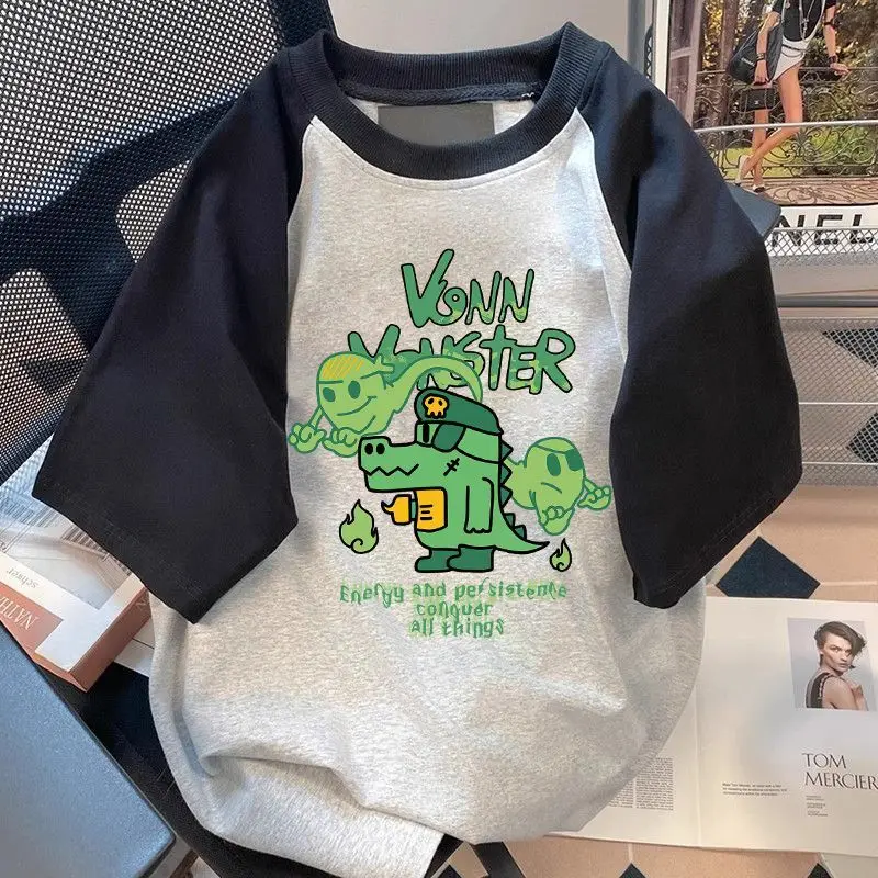 

Green Monster Color Insertion T Shirt Man 100% Pure Cotton Round Neck Loose Short Sleeve Tee Y2k Couples Graphic T Shirts Tops