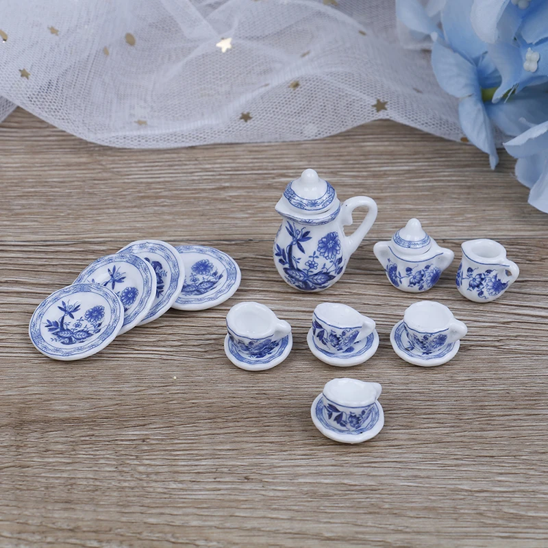 مصغرة الخزف أكواب الشاي القهوة ، زهرة زرقاء باتن ، أدوات المائدة السيراميك ، دمية اكسسوارات المطبخ ، 1:12 ، 15 قطعة