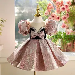 Jill Wish J467 Pink Flower Girl Dress Lace Beads Puffy Sleeve Princess Toddler Kids Wedding 1st Birthday Pageant Party Ball Gown