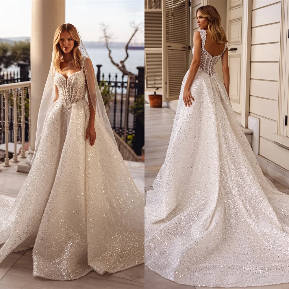 

Customized Exquisite White Organza Wedding Dress Luxury Strapless Cap Sleeve Sleeveless Sequined and Pearls Bridal Gowns