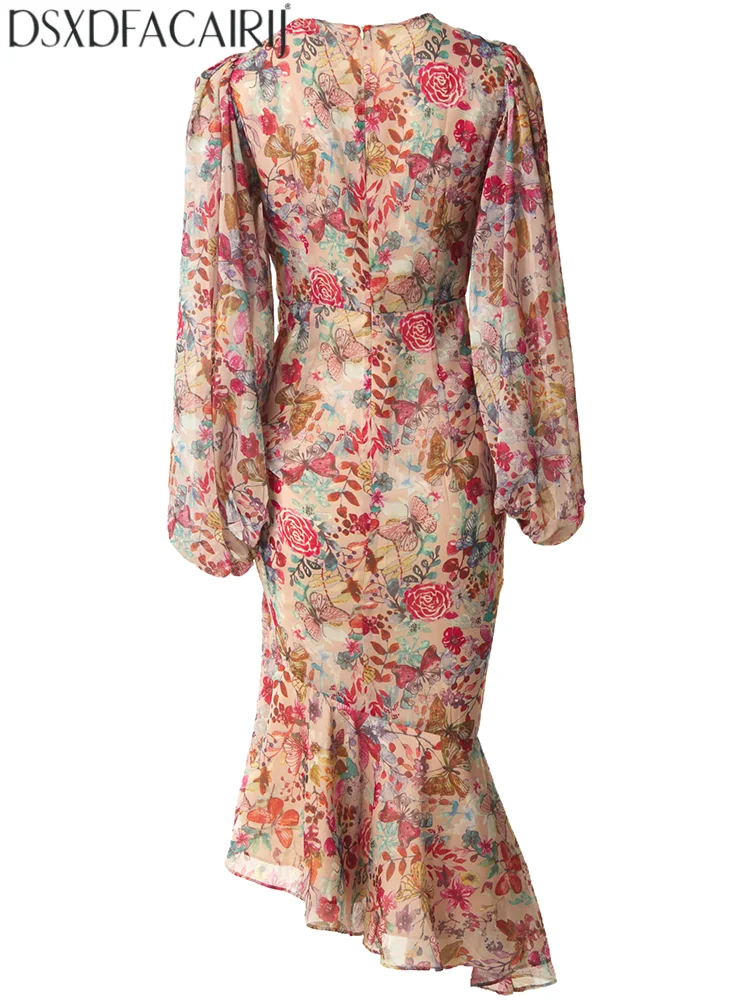 DSFACAIRIJ Women's O-Neck Lantern Sleeve Decorate Draw String Spring Summer High Street Print Dresses