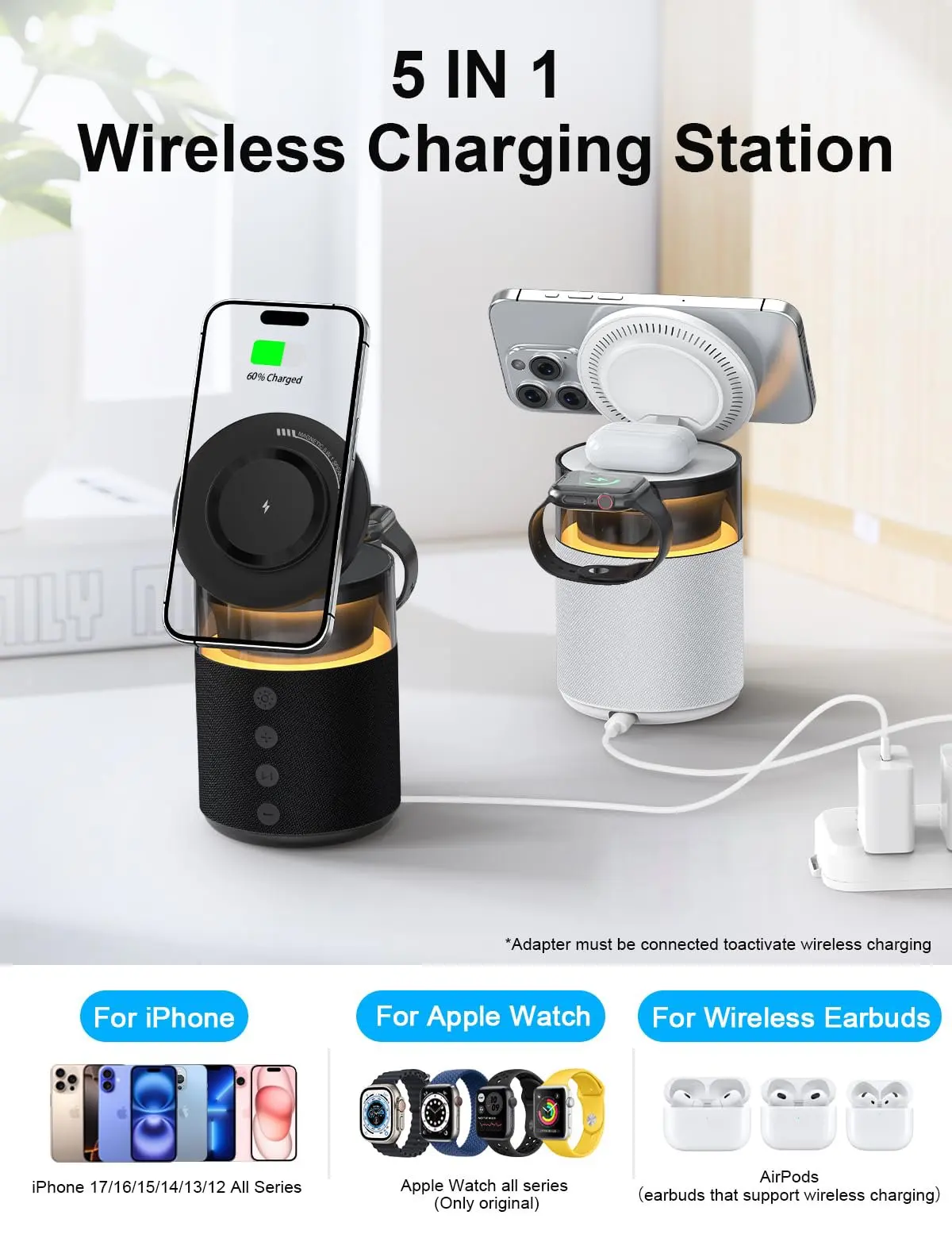 5 في 1 شاحن لاسلكي مغناطيسي سريع مكبر صوت ليلي لهاتف iPhone 17 16 15 14 13 12 Pro Max iWatch 11 AirPods 4/3 Pro