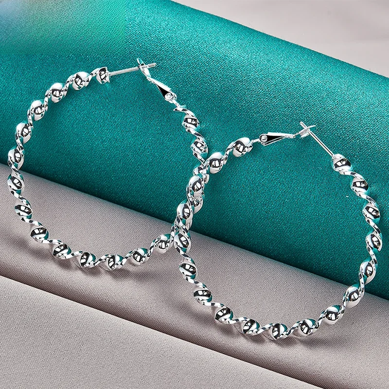 DOTEFFIL 925 Sterling Silver 45mm Circle Wave Hoop Earring For Woman Fashion Party Wedding Engagement Party Jewelry — zdjęcie 2