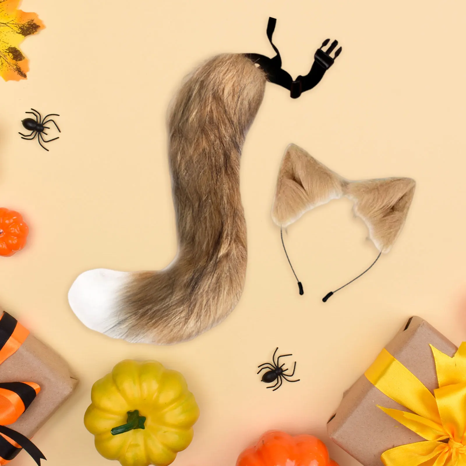 Soft Plush Cat Fox Ears And Tail Set with Adjustable Strap for Cosplay Costume Party Performance Dress up