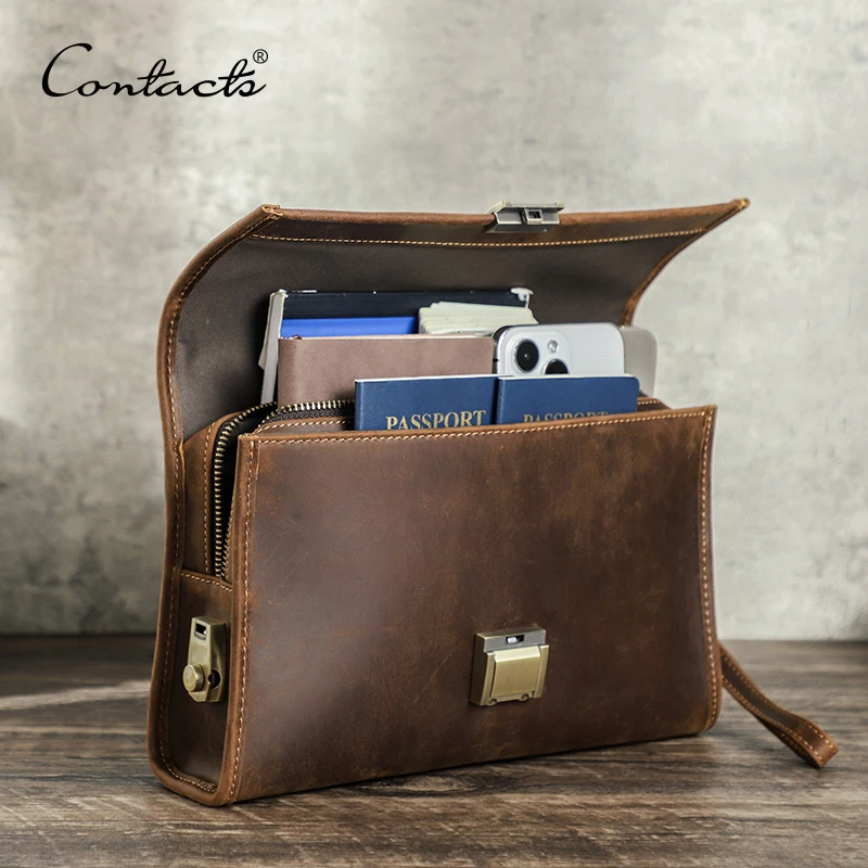 CONTACT\'S Men Clutch Handbag Double Password Design Genuine Leather Clutch for Male Vintage Wallet Large Capacity Purse Male