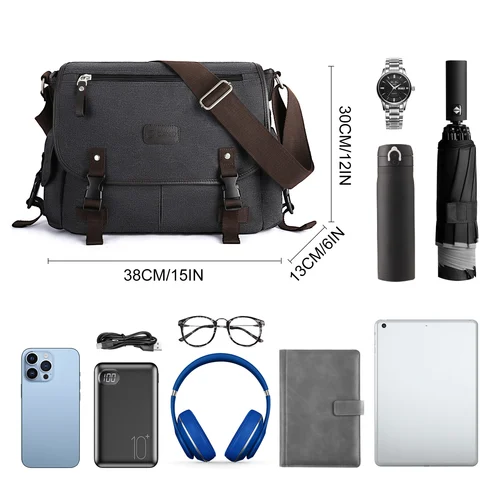 Imagen 2 del producto Bolso de mensajero para hombre, bolso de lona Retro, maletines informales, bolso para ordenador portátil de 13 pulgadas, bolso cruzado resistente al agua para la universidad