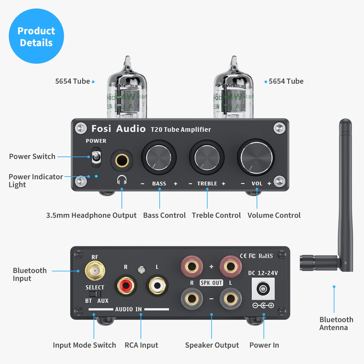 Fosi Audio T20 Bluetooth Vacuum Tube Amplifier AptX HD Stereo Power Amp 50W TPA3116 Headphone Amplifier For Home Speakers