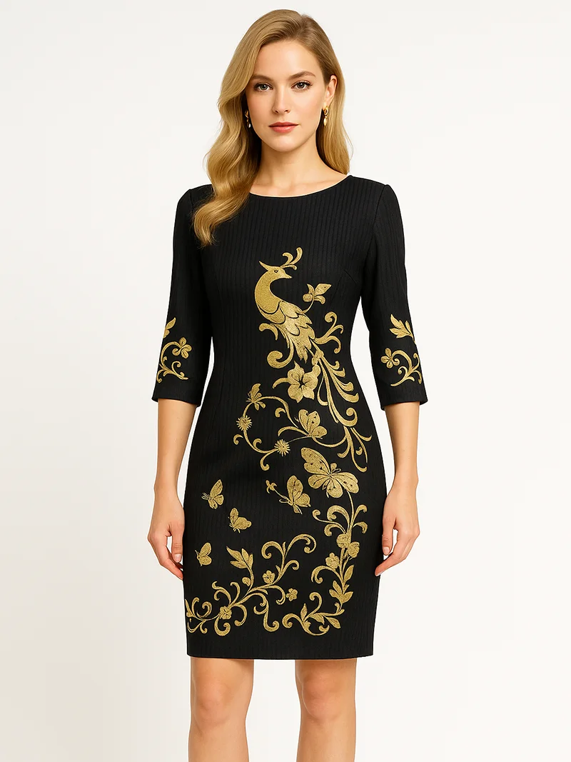 

Elegant Vintage Gold Embroidered Dress Slim Fit 3/4 Sleeve Formal Sheath Party Dresses for Women