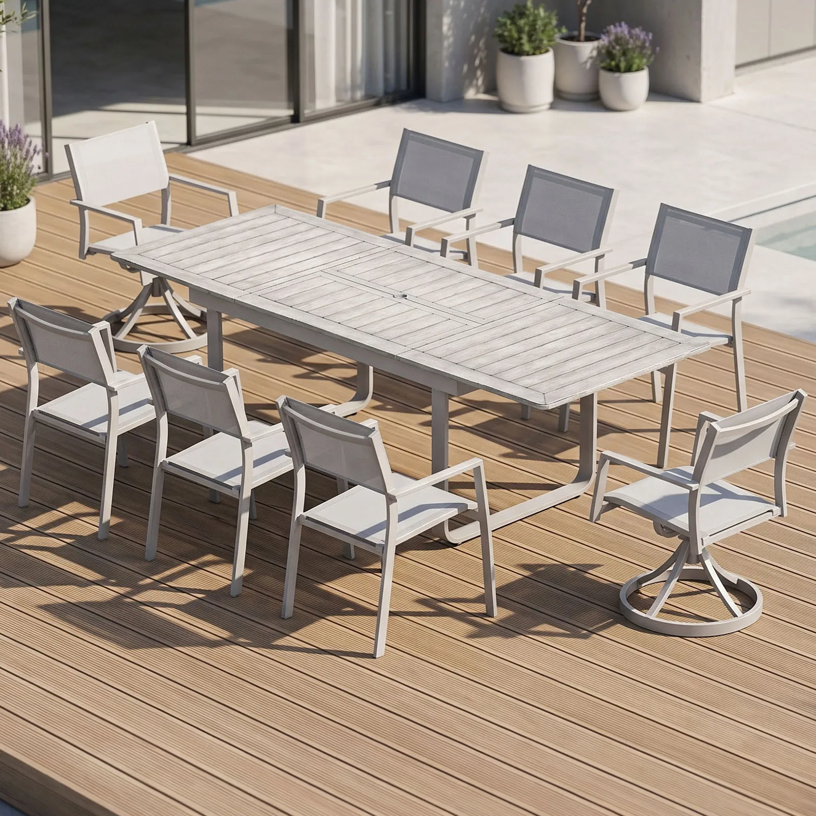 SEEHILL 9 Pieces Extendable Outdoor Dining Table Set, Aluminum Patio Dining Set with Swivel Chairs, Expandable Outdoor Dining Table and 6 Stackable Textilene Dining Chairs for Deck, Balcony, Yard