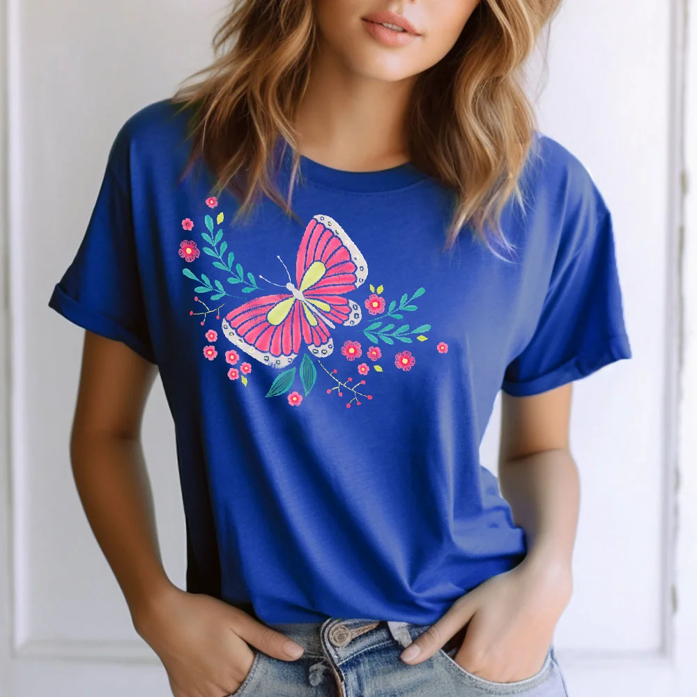 Summer Breathable Soft Tees Fashion Women’s O-Neck Short Sleeve Casual Unisex Flower Ethnic Style Simple Daily Casual Summer