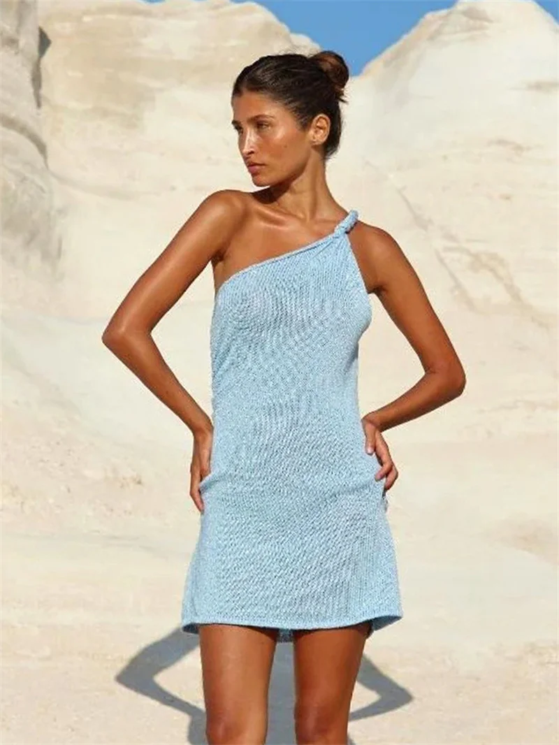 Women's Sexy One Shoulder Sequined Knit Bodycon Dress Slim Beach Crochet Bikini Cover-Up Swimsuit Summer Swimwear view 4
