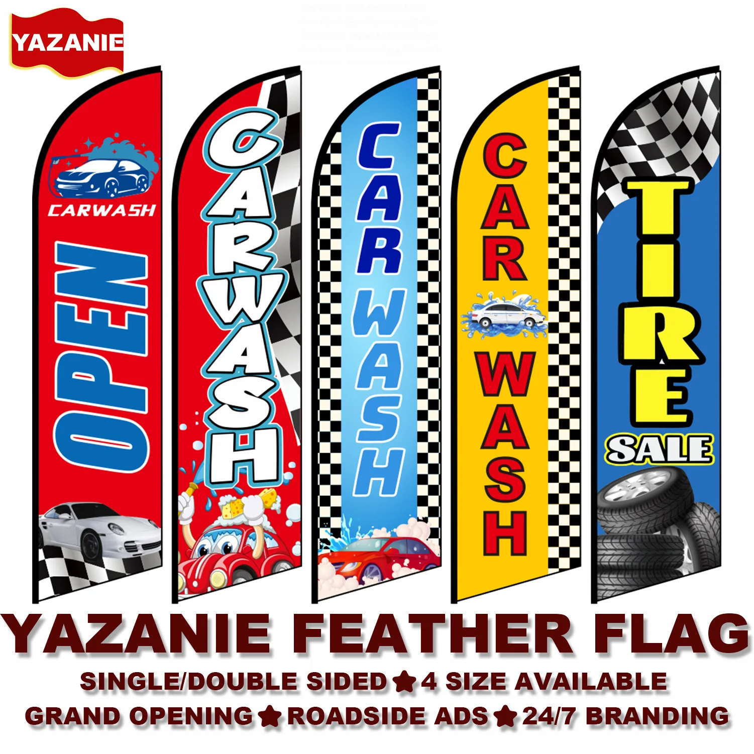 8FT 11FT 13FT Car Wash with Checkers Windless Feather Flag Tire Sale Single Double Sided Custom Outdoor Banner Swooper Bach Flag