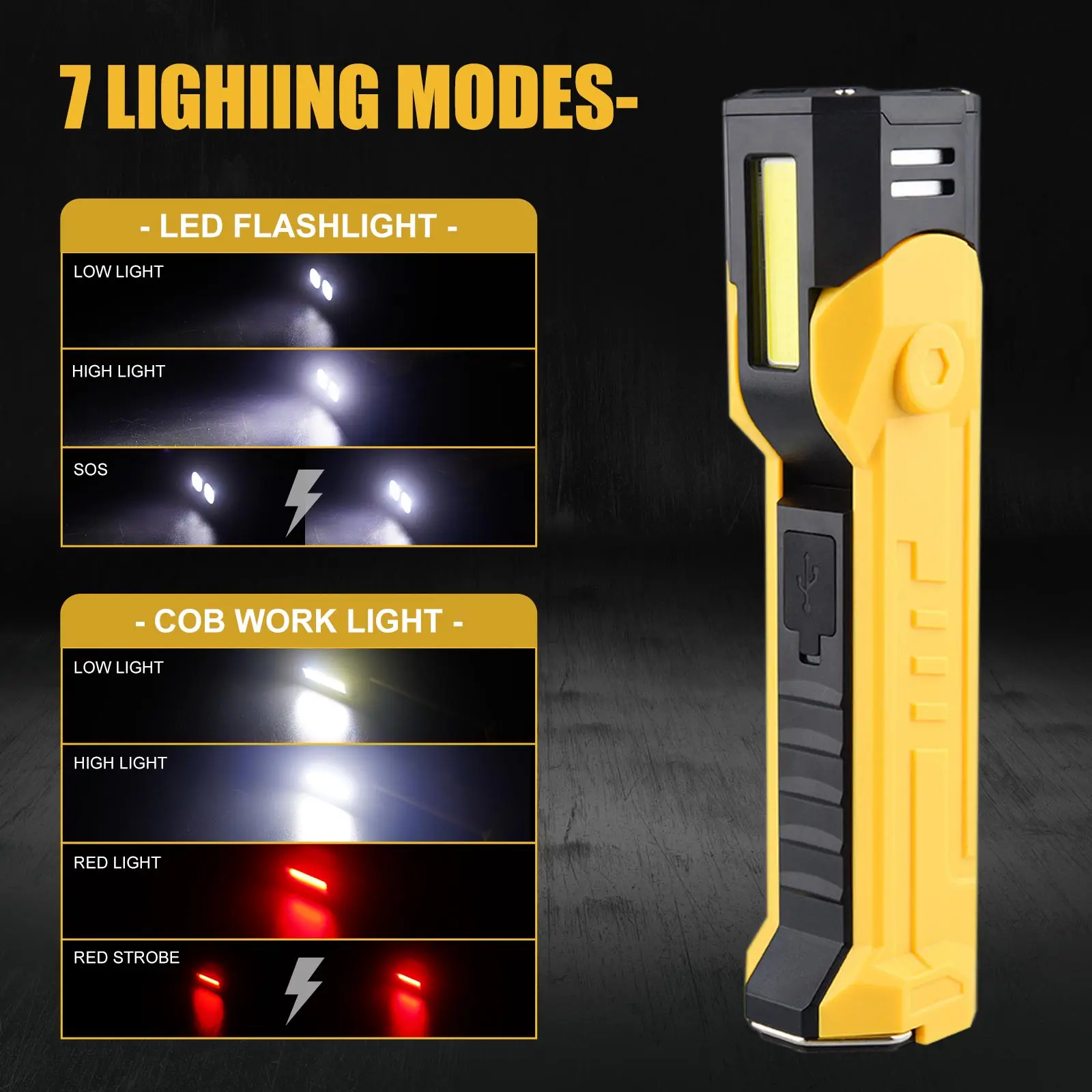 New Work Light Rechargable COB Led Work Light with Magnetic Base Foldable Car Flashlight for Car Repair Inspection Emergency