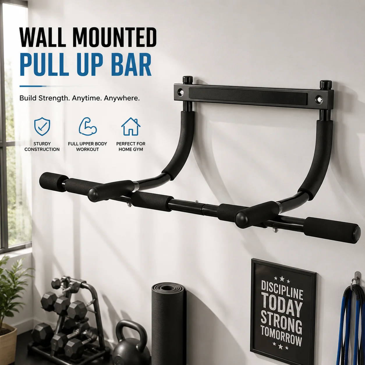 Wall Mounted Pull Up Bar with Multiple Grips, Heavy Duty Steel Chin Up Bar, Indoor Home Gym Fitness Equipment, Strength Training Pull-Up Station for Men and Women, Muscle Building, Back and Arm Exercise