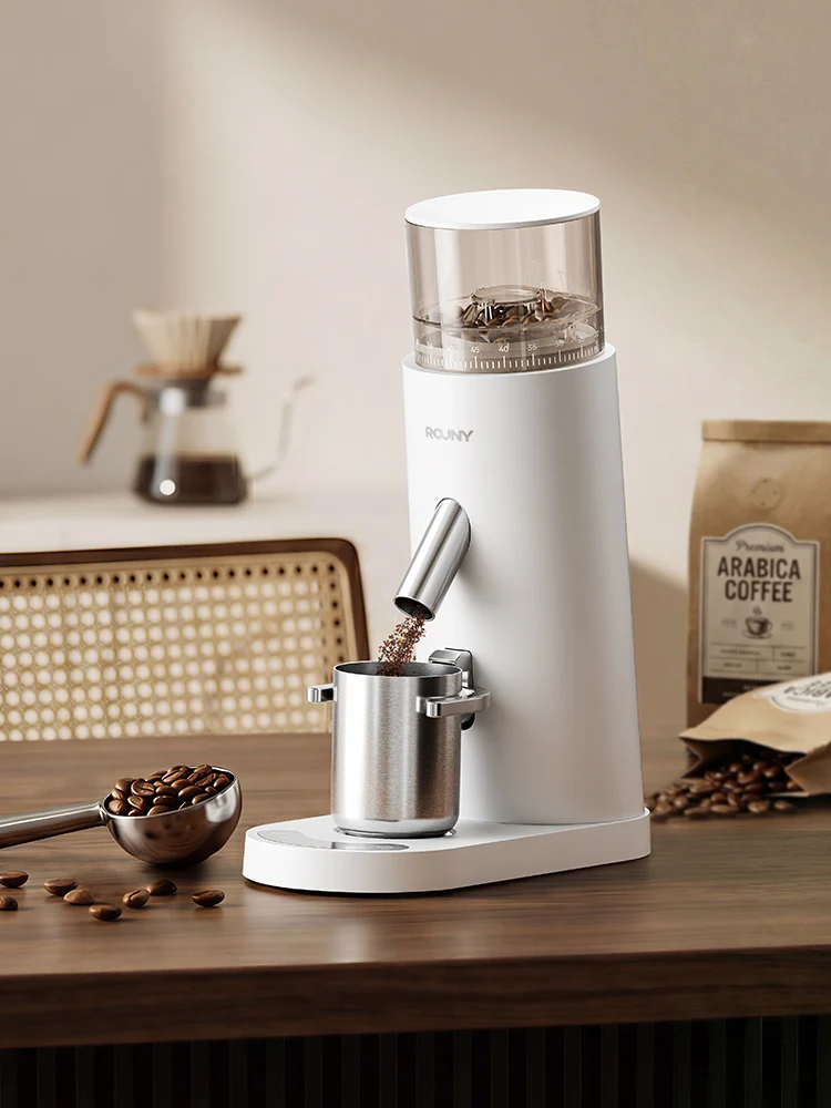 ROUNY USB-C Wiederaufladbare Kaffeemühle mit 60 Einstellungen, 41mm Edelstahl-Mahlwerk, LED-Touch, Kabellos Tragbar, Weiß