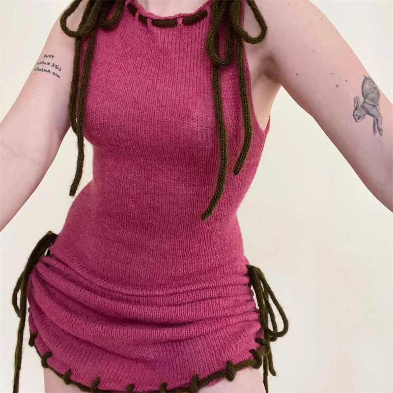 

Летнее сексуальное бандажное платье без рукавов с открытой спиной на шнуровке, пляжное вязаное крючком бикини, накидка, купальник, женский купальник, пляжная одежда