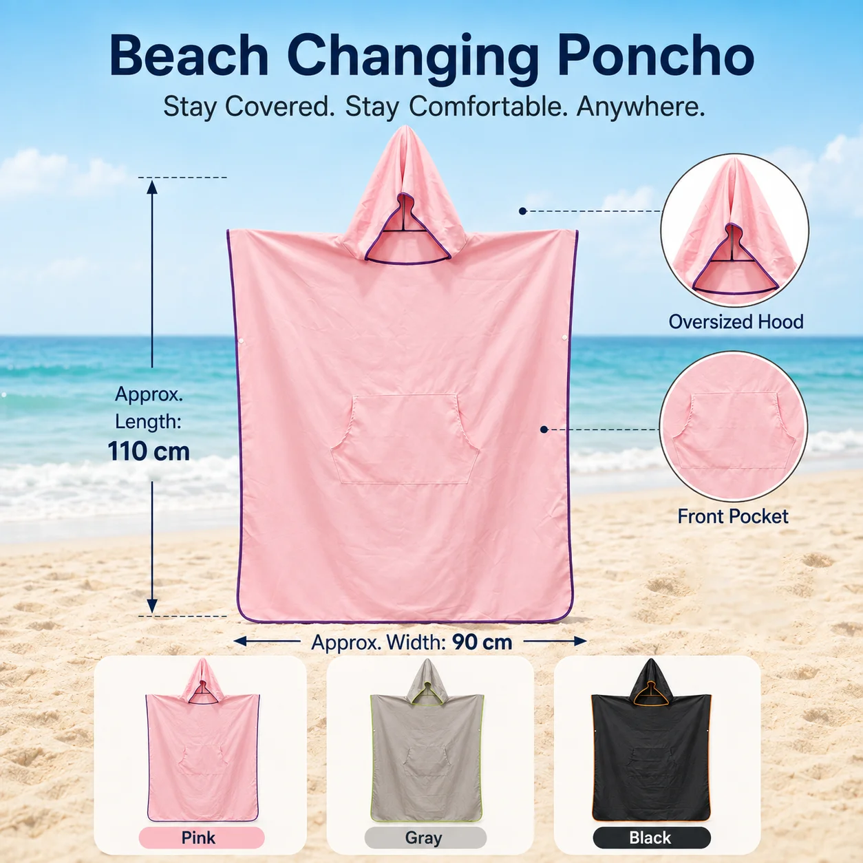 Poncho da Spiaggia con Cappuccio per Adulti, Asciugatura Rapida, con Tasca, Oversize, per Surf e Uso in Spiaggia