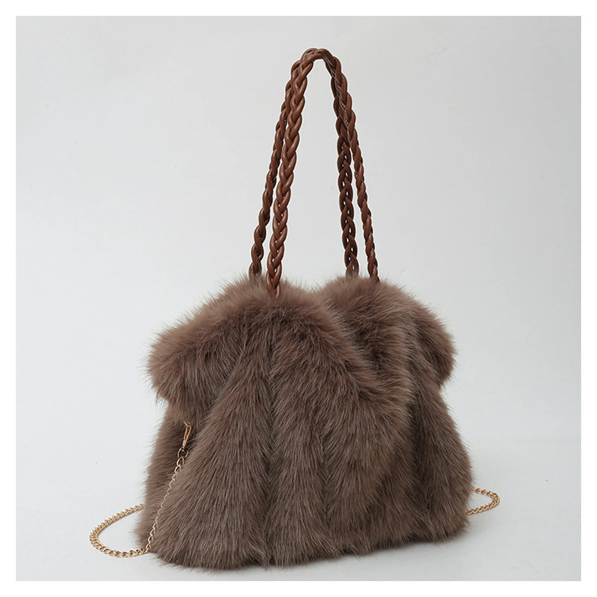 Modische Plüsch-Einkaufstasche für Damen mit großer Kapazität, hochwertige plissierte Fuchspelz-Schulter-Crossbody-Tasche, Pendlertasche mit Metallkette – Detail 4