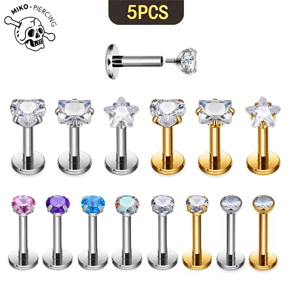 Wholesale 5Pcs F136 Implant Grade Titanium 16G 2/3/4mm 5A CZ Heart Internally Threaded Helix Ear Cartilage Tragus Stud Piercing