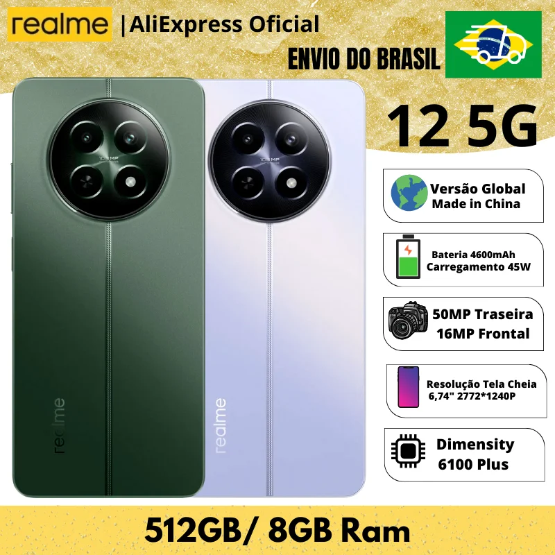 Celular Realme 12 5G 512/8 | Envio do Brasil | Smartphone 5G , ROM Global , Processador Dimensity 6100 Plus , Carregador 45W