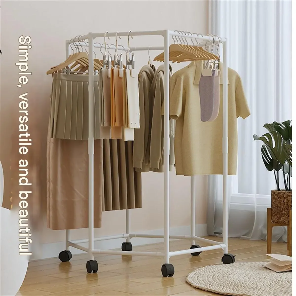 Floor-standing Metal Clothes Rack Dormitory Coat Hanger Stand Indoor Drying Rack Easy to Move Bedroom Clothes Organizer Shelf