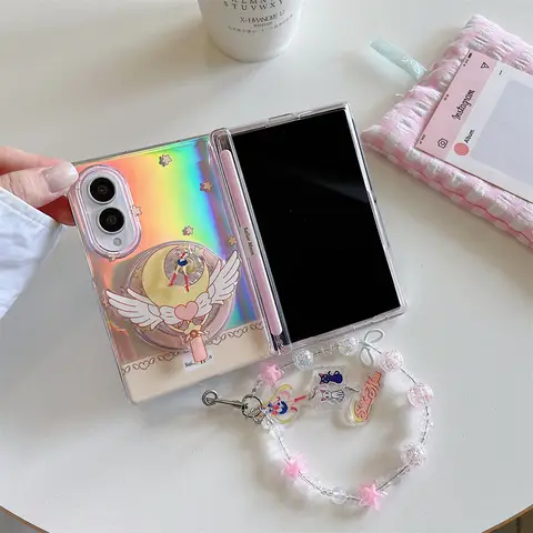 Kawaii Cartoon Girl Magnetic Phone Case for Samsung Galaxy Z Fold 8 fold 8 Fold 8 Cover With Magsafe Magic wand Stand Chain Case