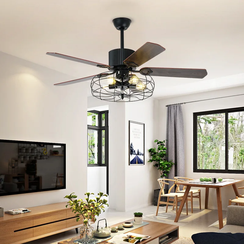 Nordic large country industrial wind ceiling fan LED light DC American retro remote restaurant living room ceiling fans