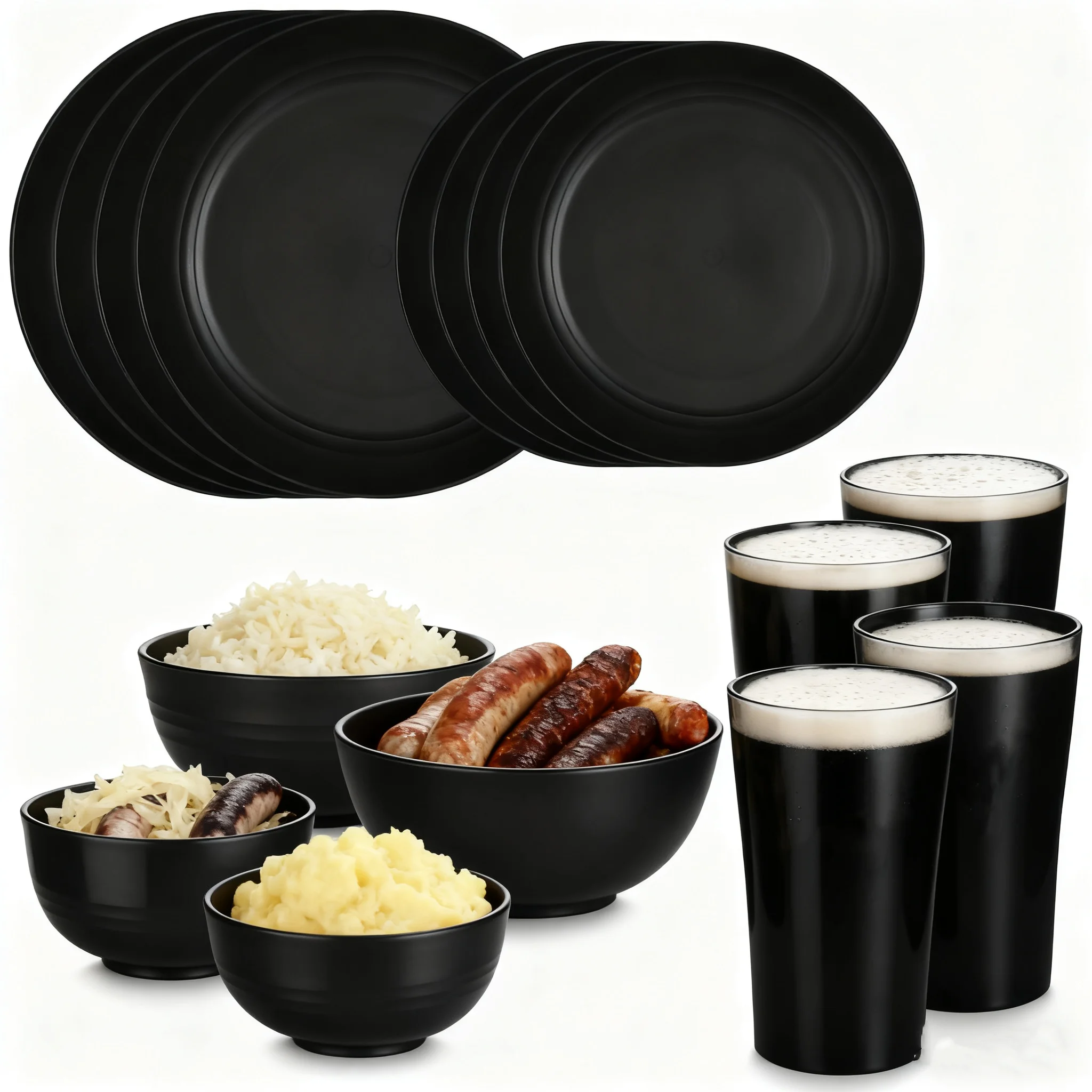 Gcirn 16ピース割れないプレートセット、耐衝撃食器、電子レンジ・食洗機対応、再利用可能な食器。ブラックセットにはプレート8枚、ボウル4個、カップ4個が含まれており、キャンプや日常使いに最適です。